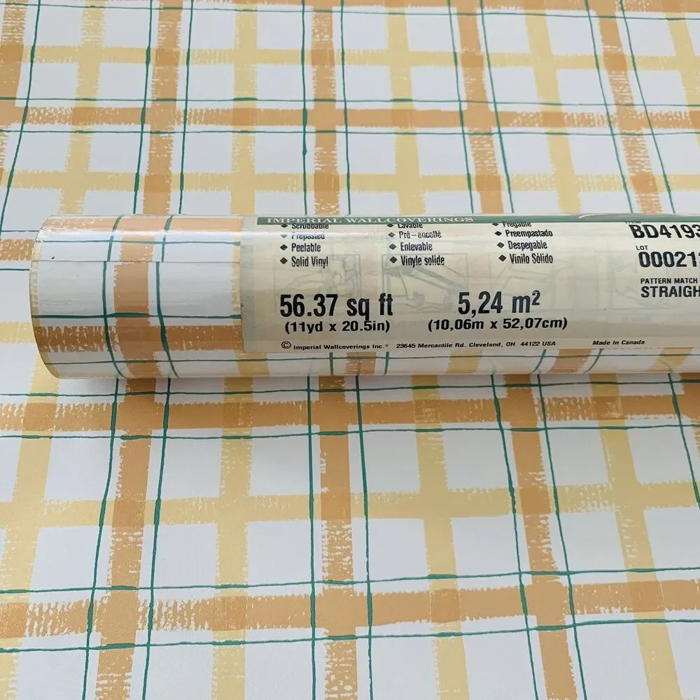 Vintage Plaid Wallpaper, Orange , White , Pale Gold 60s Look by Imperial
